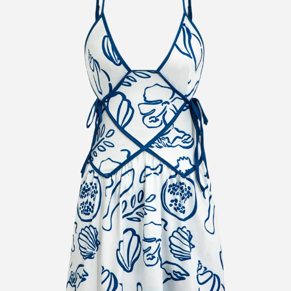 Blue Floral Print Backless Slip Mini Dress